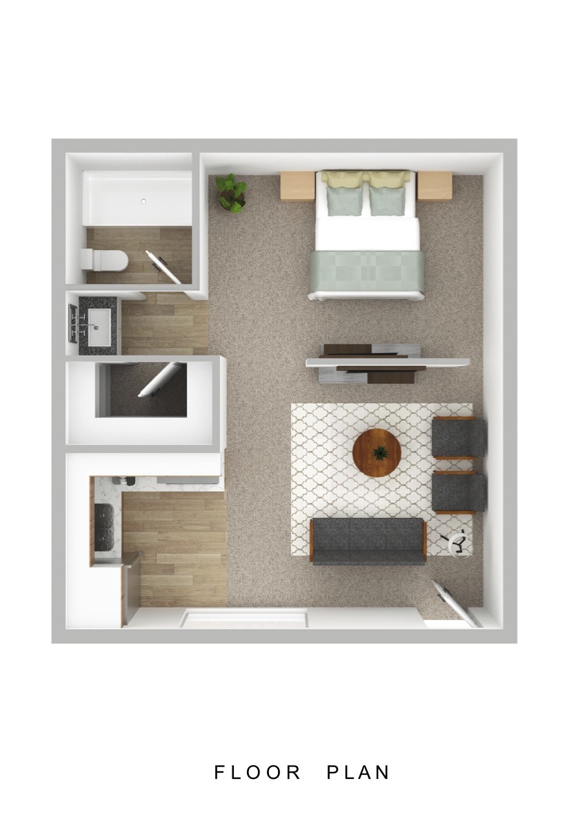 a stylized floor plan of a small apartment with a bedroom and living room
